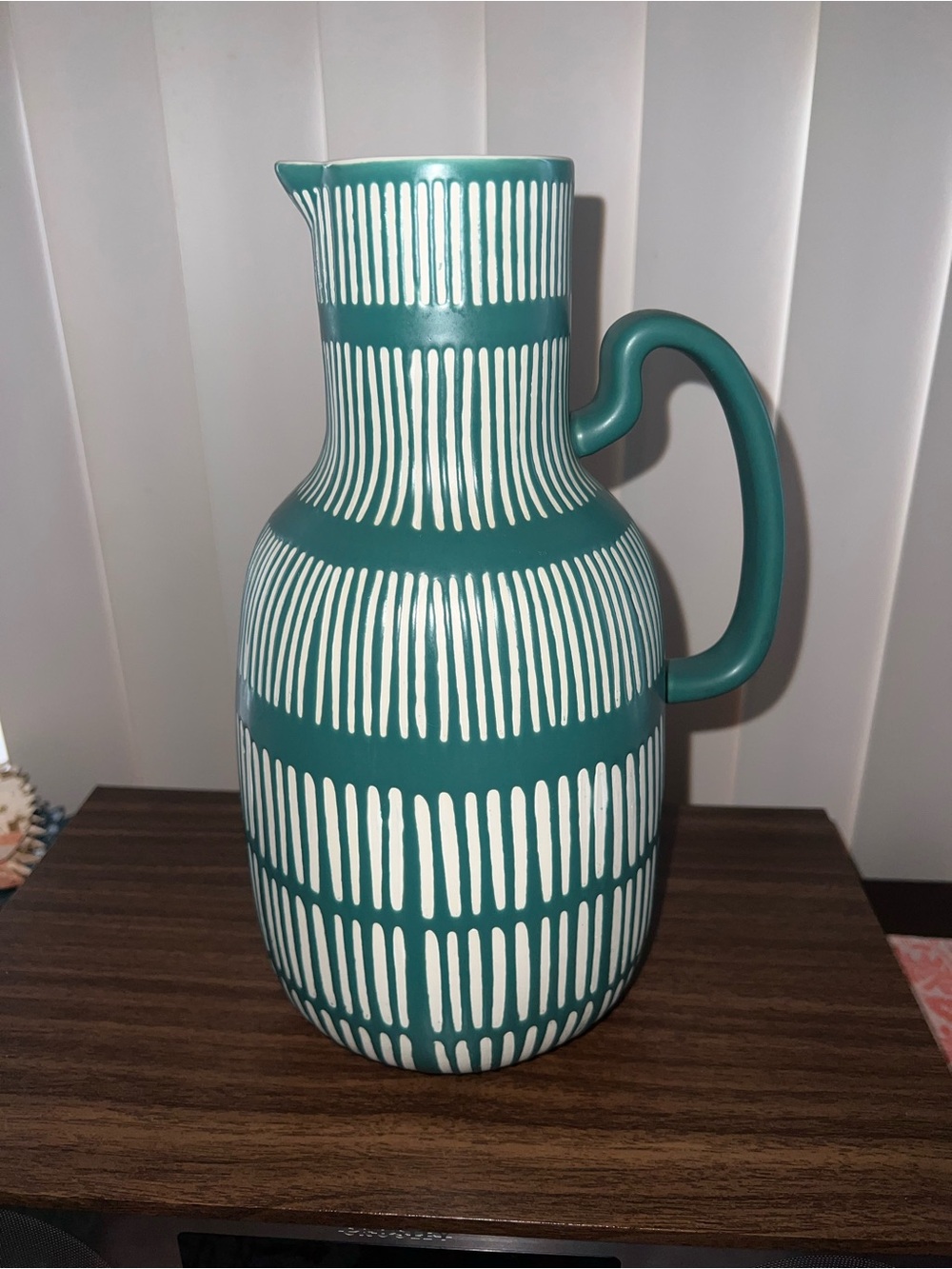 Urban Outfitters Teal Striped Ceramic Pitcher